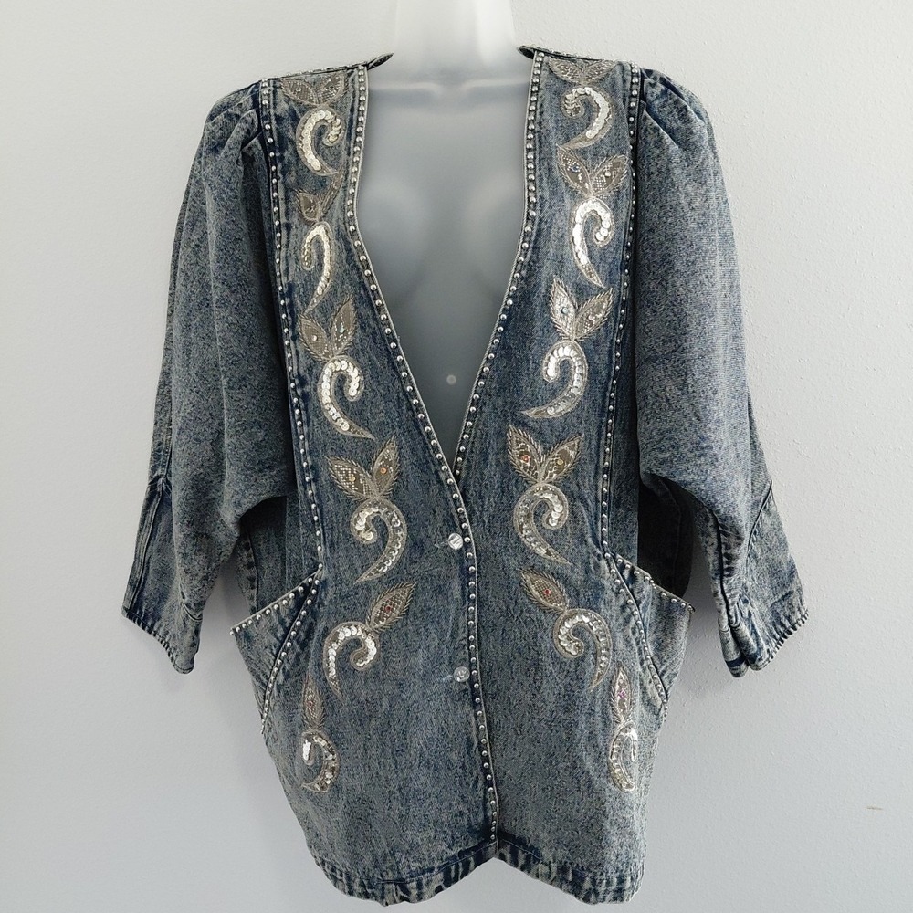80's Bling Denim Jacket Womens Medium Acid Wash Deep V 90210 Preppy Retro Punk - Picture 1 of 16